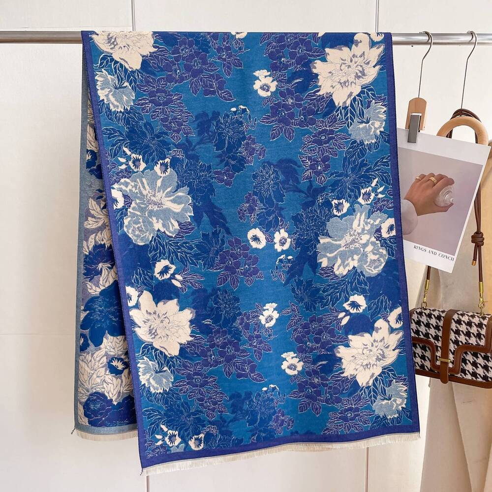 NEW WINDING RIVER women's reversible wrap artisan shawl in blue / white floral